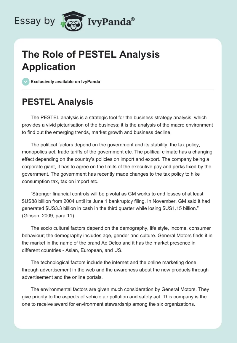 The Role of PESTEL Analysis Application. Page 1