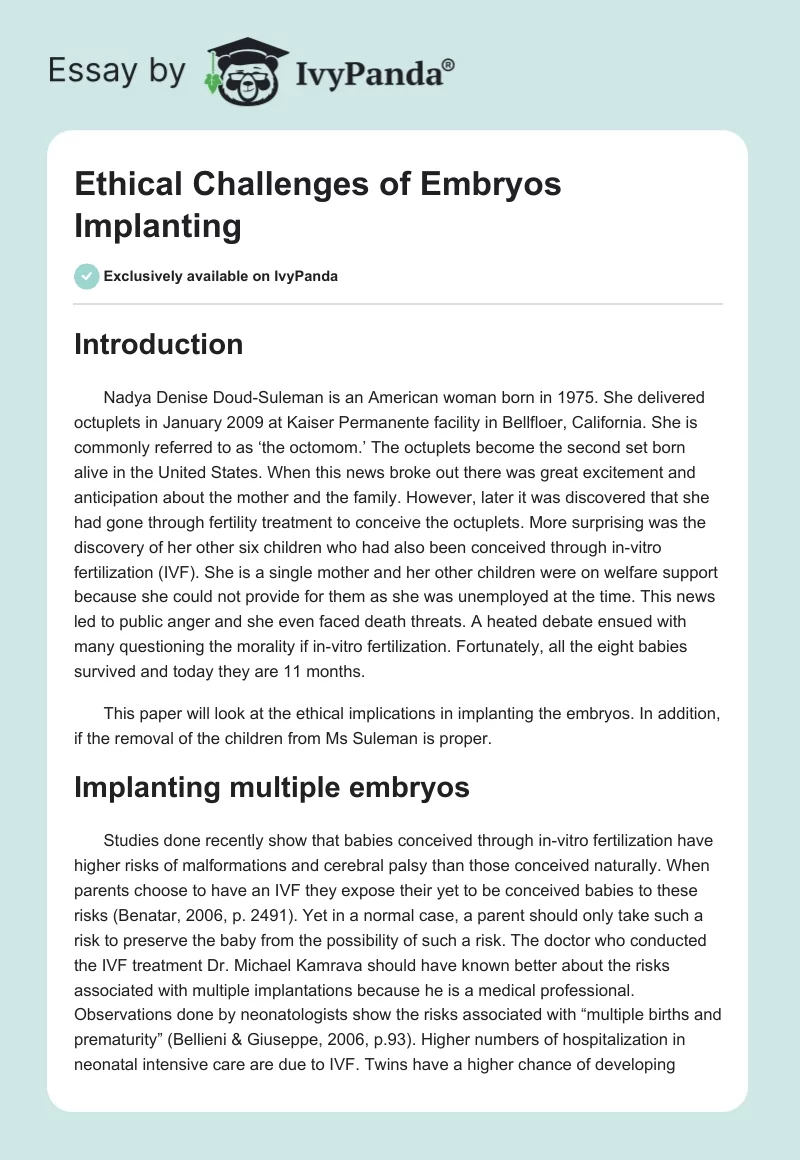 Ethical Challenges of Embryos Implanting. Page 1