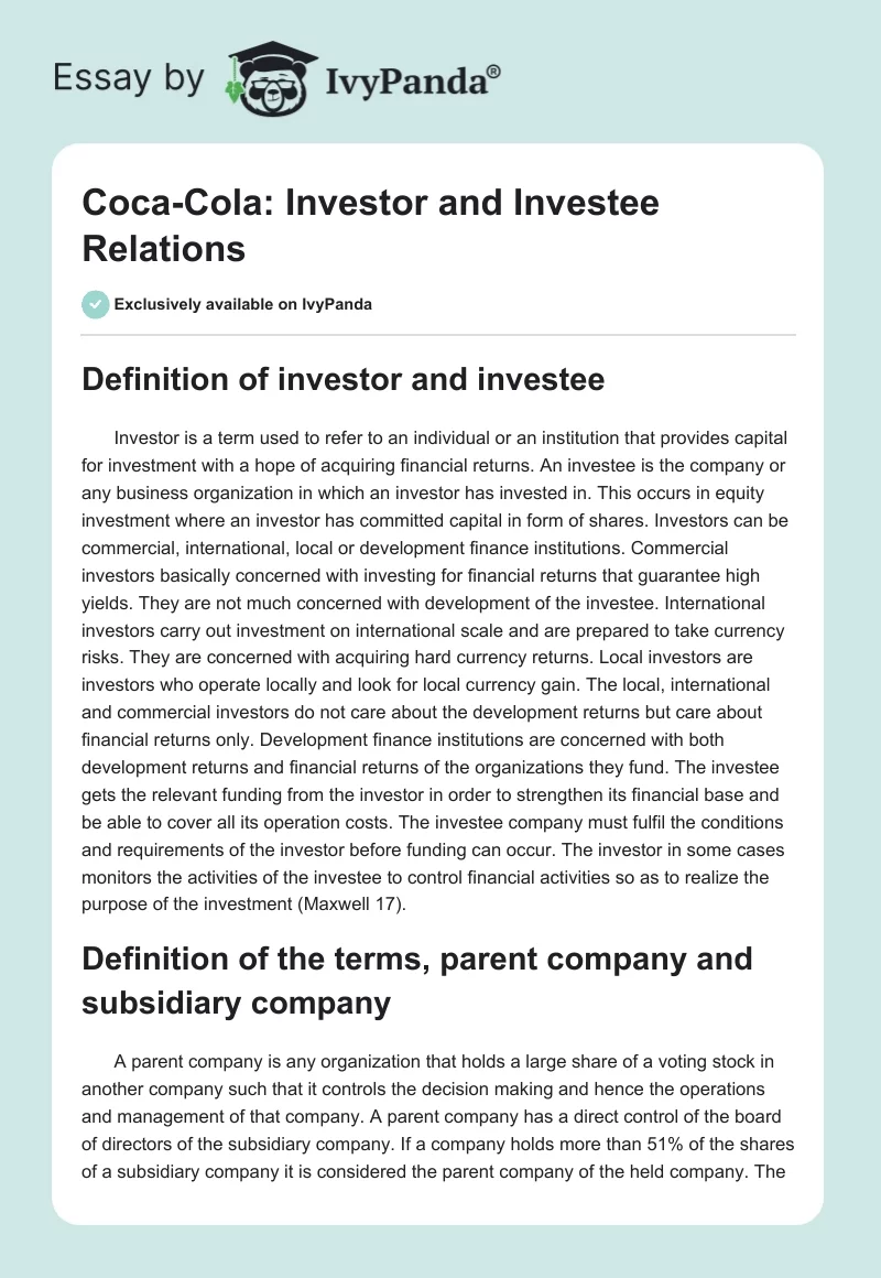 Coca-Cola: Investor and Investee Relations. Page 1