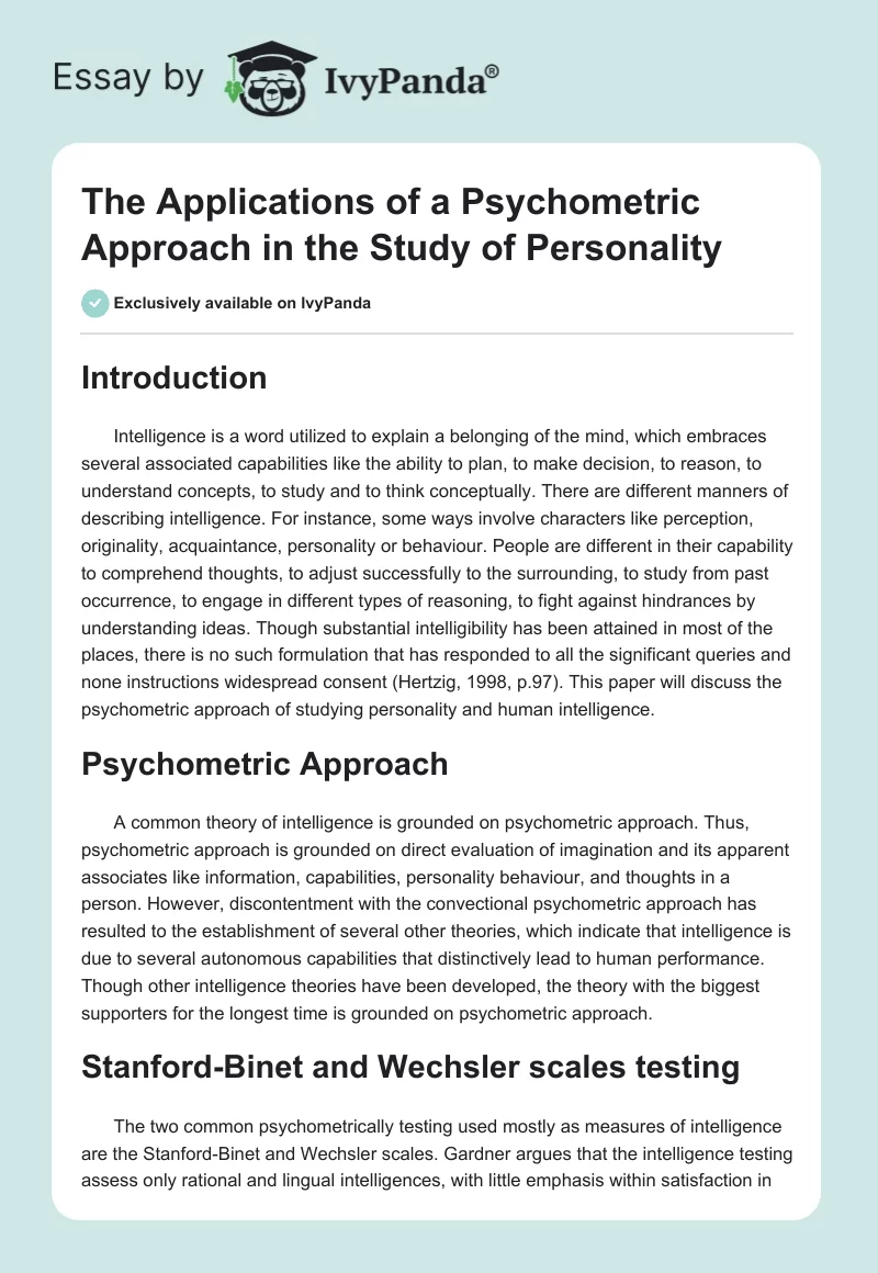 The Applications of a Psychometric Approach in the Study of Personality. Page 1