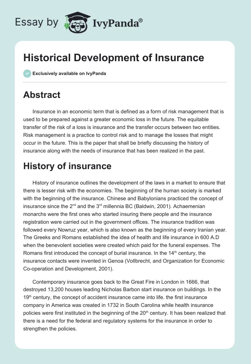 Historical Development of Insurance. Page 1