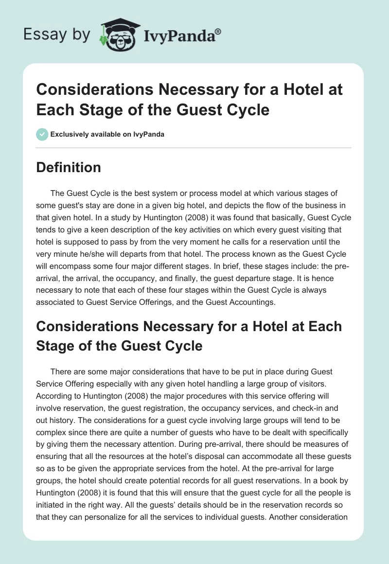 Considerations Necessary for a Hotel at Each Stage of the Guest Cycle. Page 1