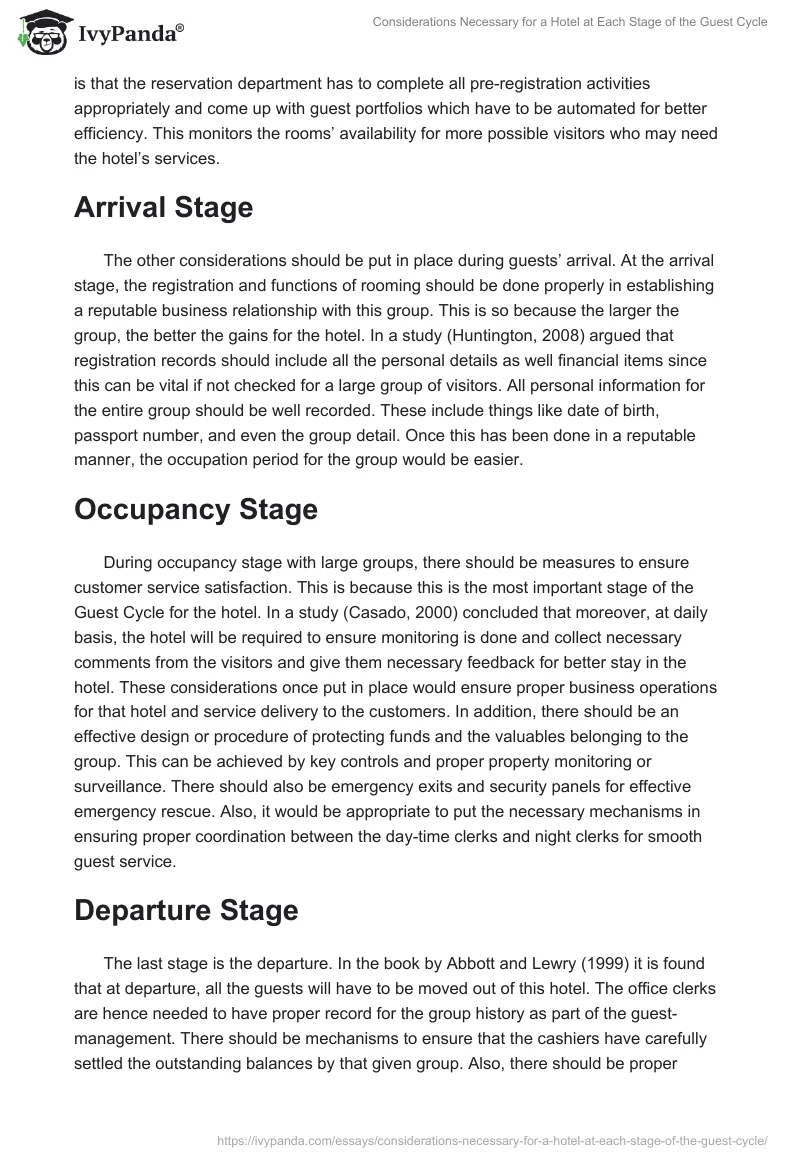 Considerations Necessary for a Hotel at Each Stage of the Guest Cycle. Page 2