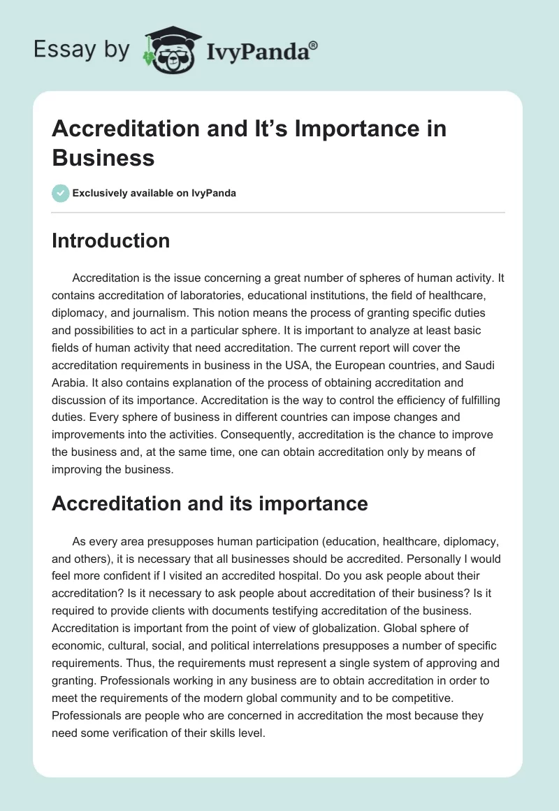 Accreditation and It’s Importance in Business. Page 1