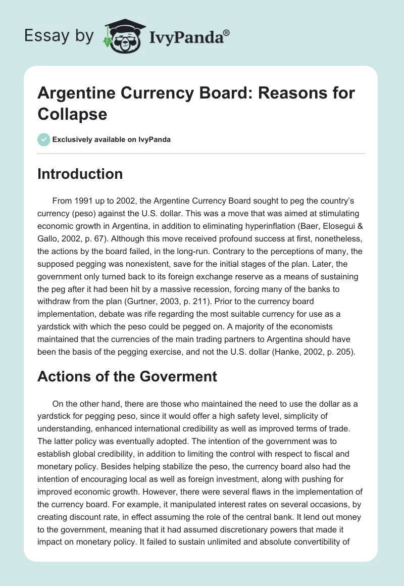 Argentine Currency Board: Reasons for Collapse. Page 1