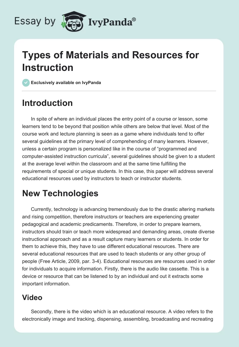 Types of Materials and Resources for Instruction. Page 1