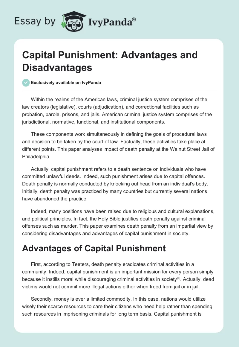 Capital Punishment: Advantages and Disadvantages. Page 1