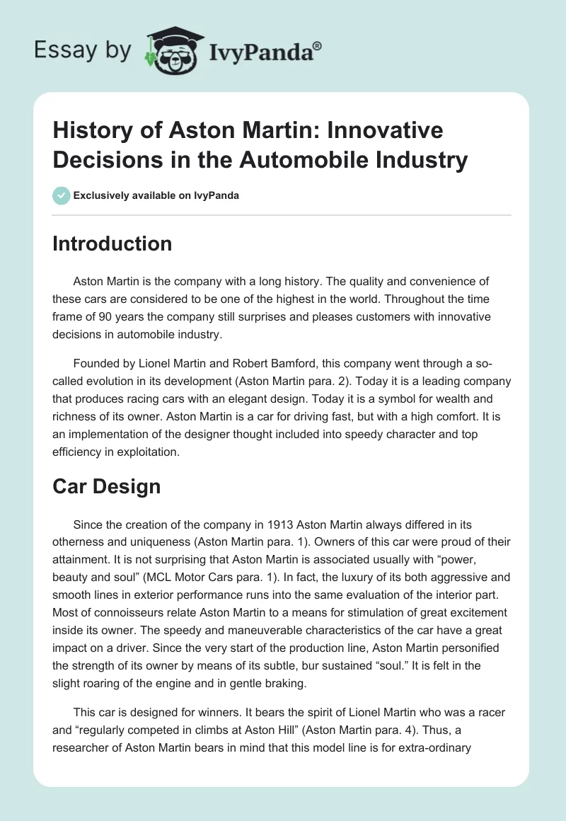 History of Aston Martin: Innovative Decisions in the Automobile Industry. Page 1