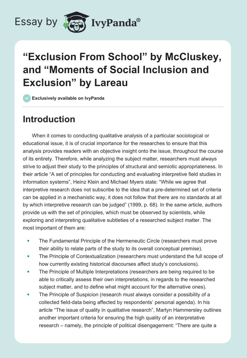 “Exclusion From School” by McCluskey, and “Moments of Social Inclusion and Exclusion” by Lareau. Page 1