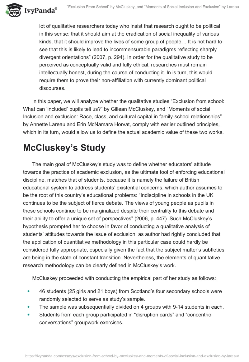 “Exclusion From School” by McCluskey, and “Moments of Social Inclusion and Exclusion” by Lareau. Page 2