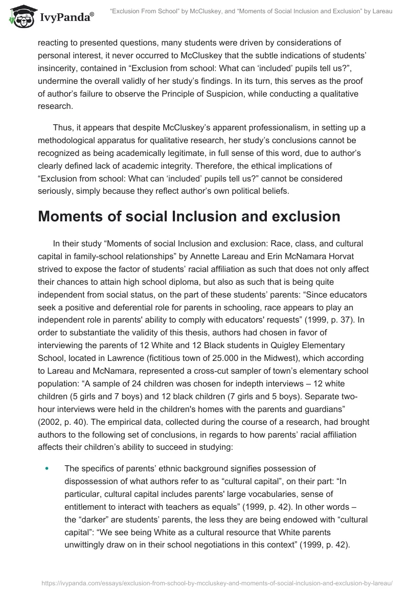 “Exclusion From School” by McCluskey, and “Moments of Social Inclusion and Exclusion” by Lareau. Page 5