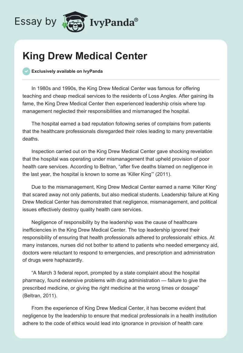 King Drew Medical Center. Page 1