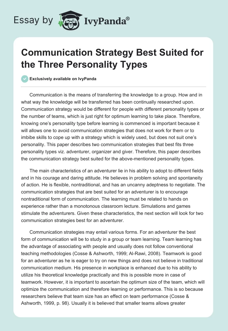 Communication Strategy Best Suited for the Three Personality Types. Page 1