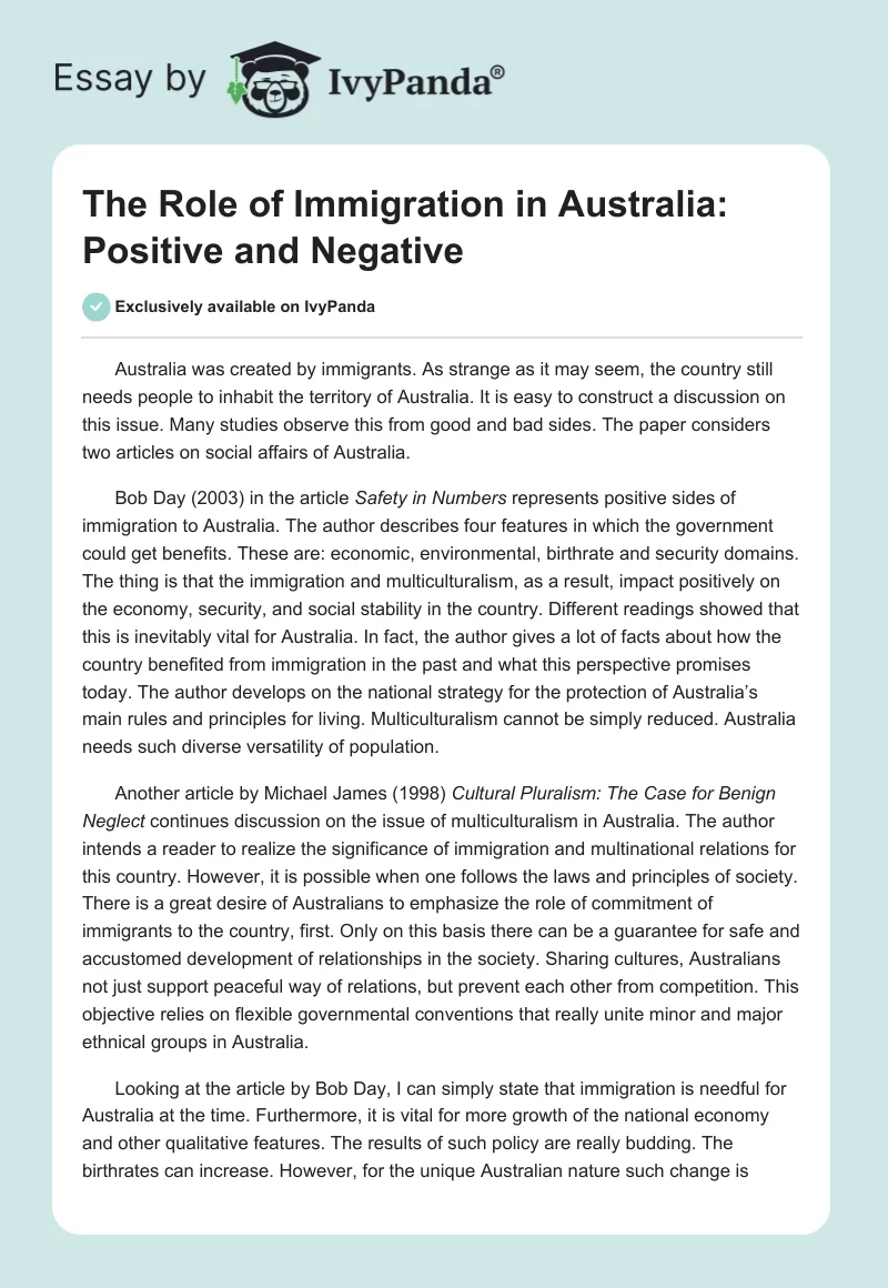 The Role of Immigration in Australia: Positive and Negative. Page 1