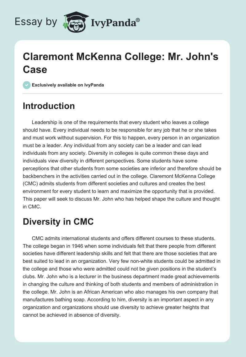 Claremont McKenna College: Mr. John's Case. Page 1