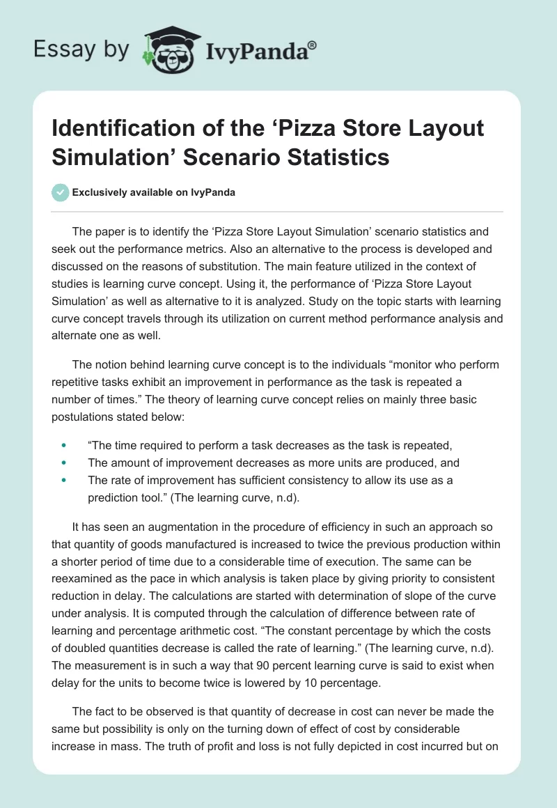 Identification of the ‘Pizza Store Layout Simulation’ Scenario Statistics. Page 1