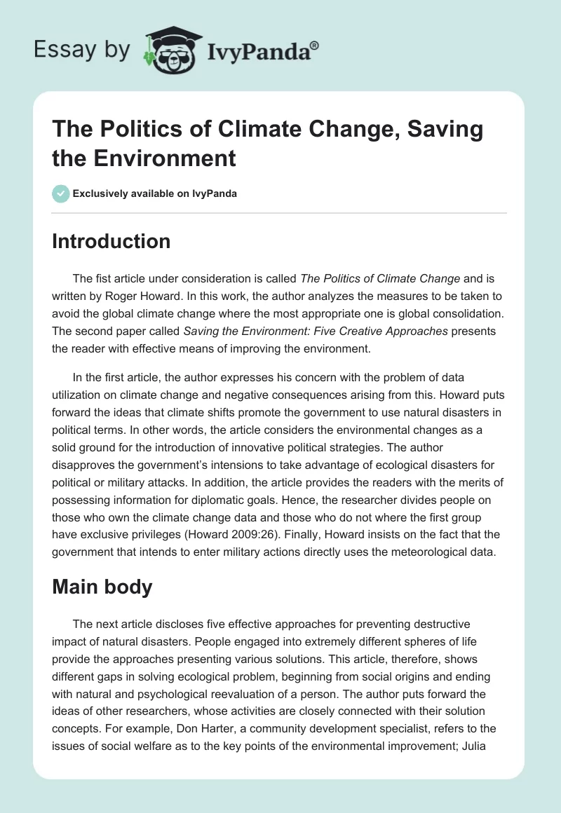 The Politics of Climate Change, Saving the Environment. Page 1