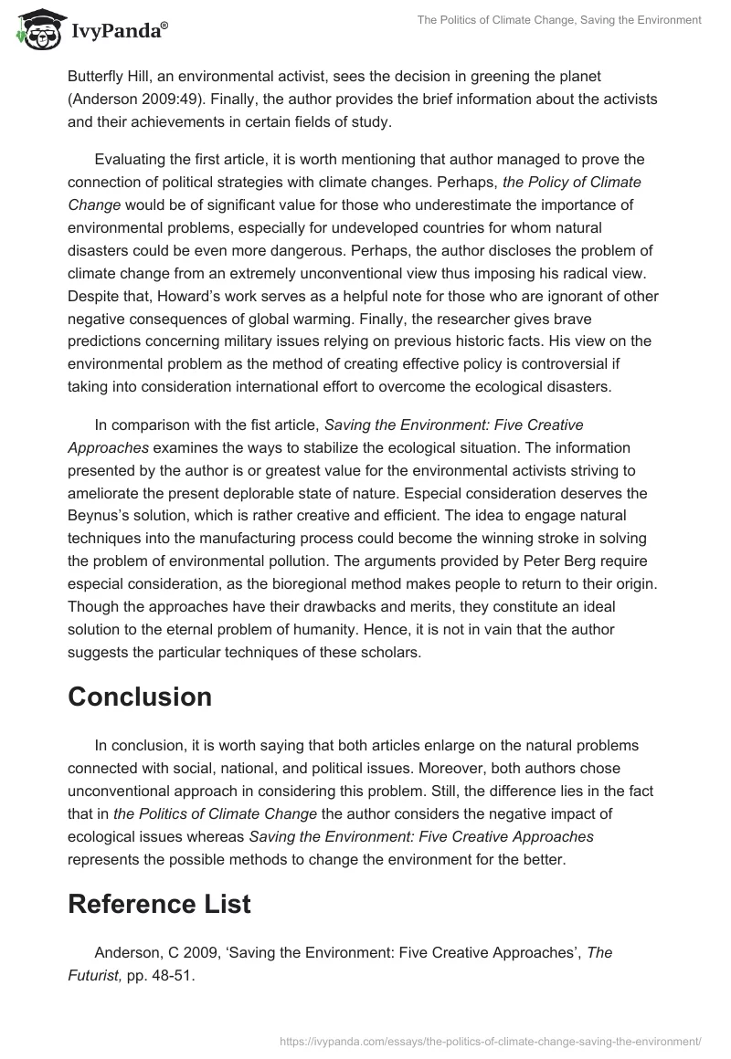 The Politics of Climate Change, Saving the Environment. Page 2