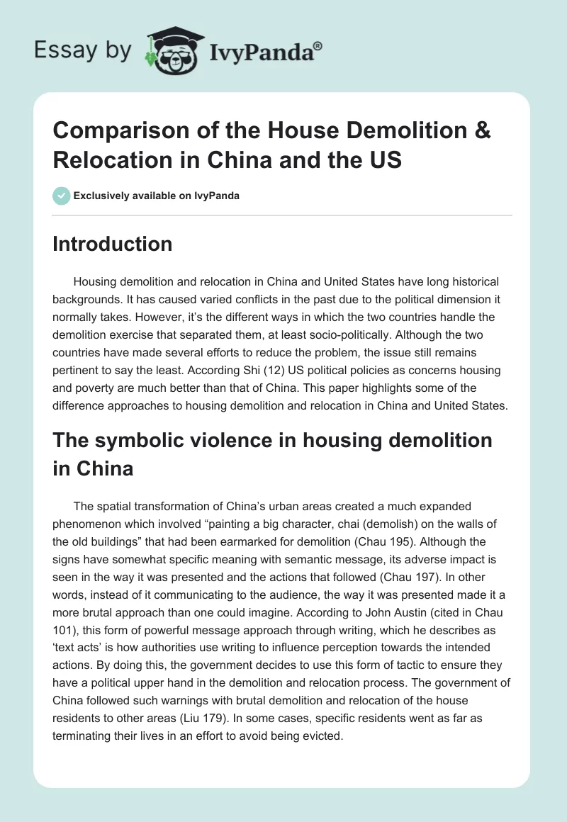 Comparison of the House Demolition & Relocation in China and the US. Page 1