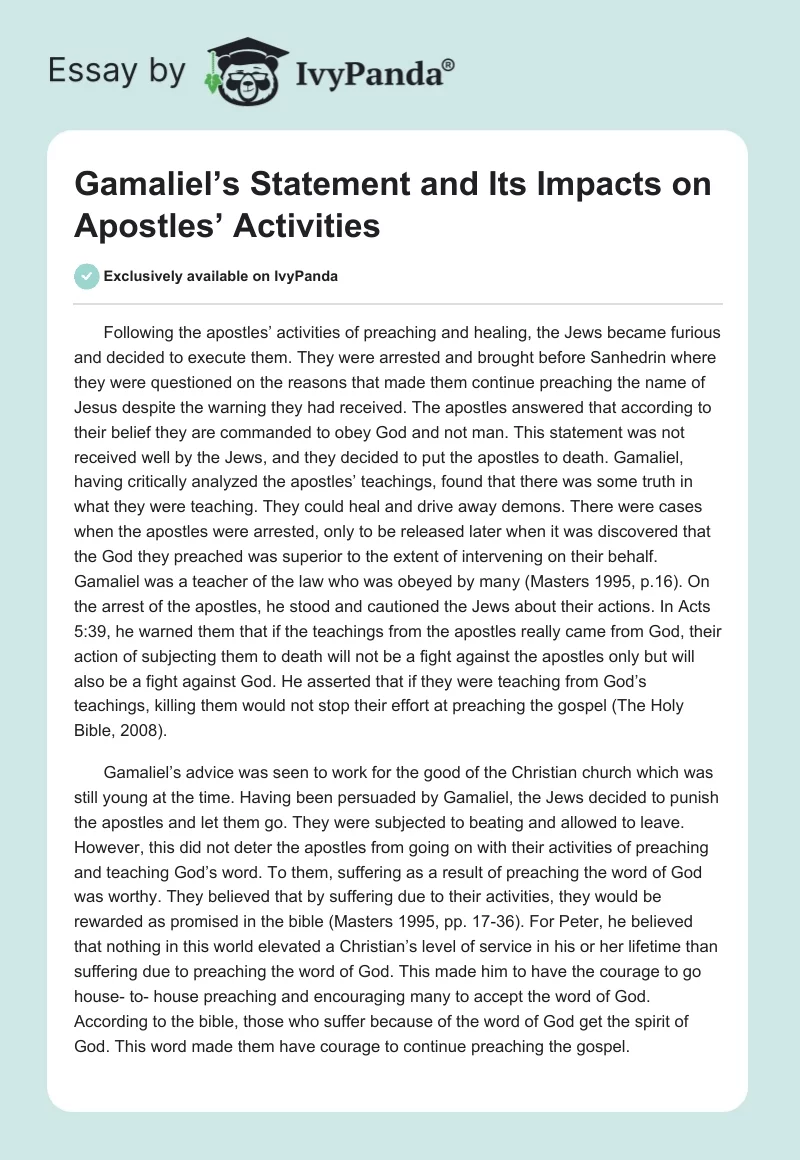 Gamaliel’s Statement and Its Impacts on Apostles’ Activities. Page 1