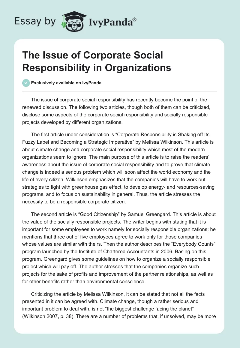 The Issue of Corporate Social Responsibility in Organizations. Page 1