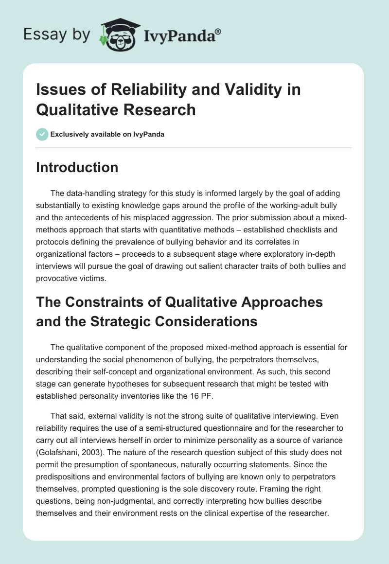 Issues of Reliability and Validity in Qualitative Research. Page 1