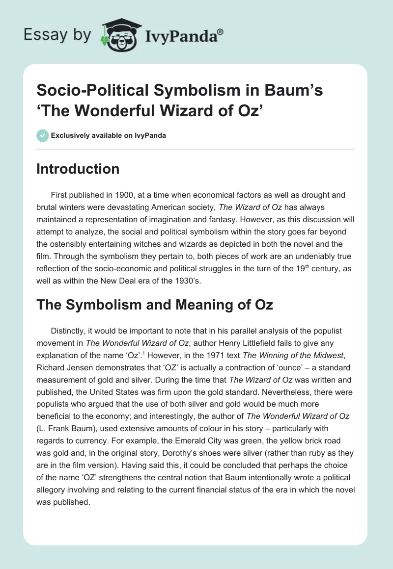 Socio-Political Symbolism in Baum’s ‘The Wonderful Wizard of Oz’. Page 1