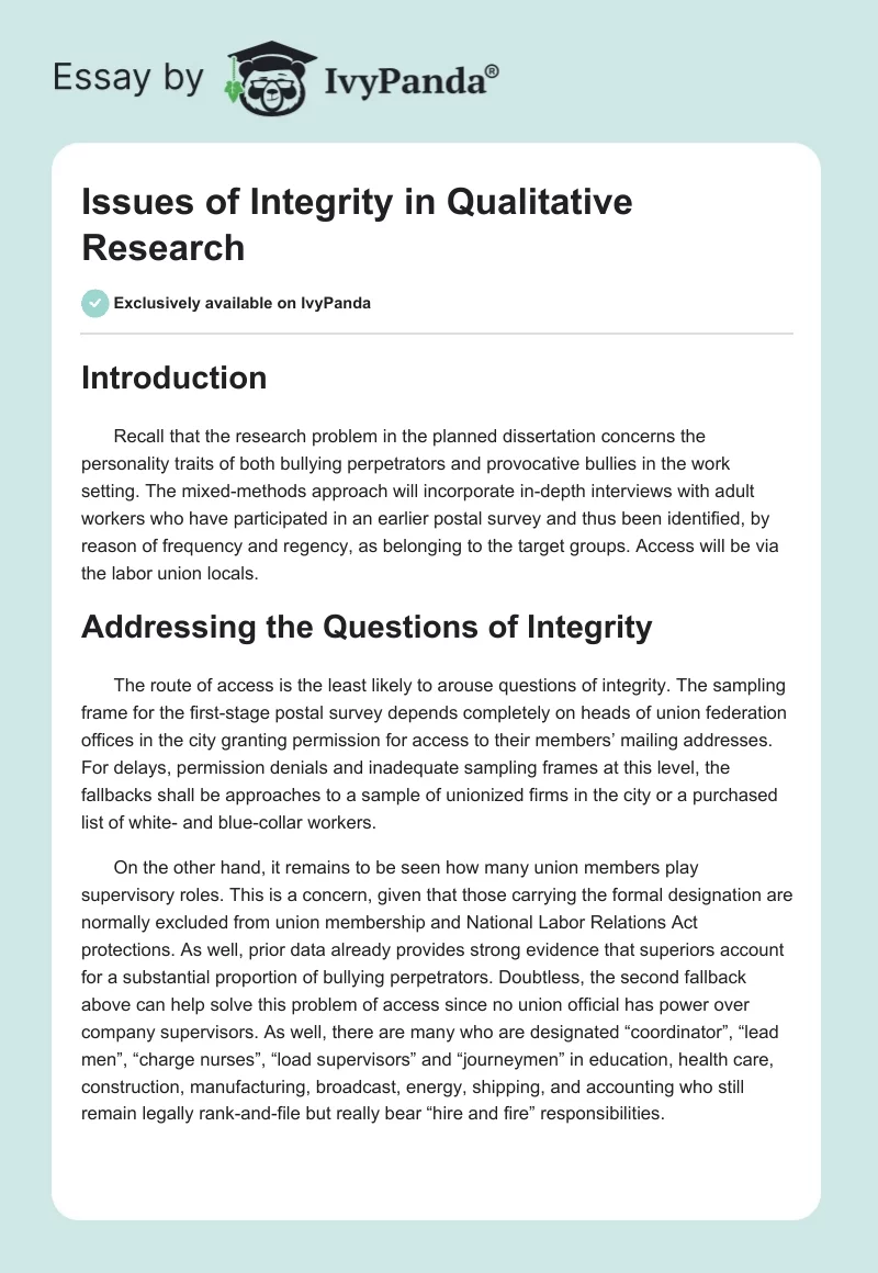 Issues of Integrity in Qualitative Research. Page 1