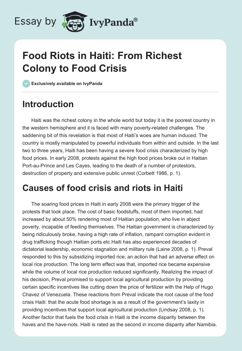 Food Riots in Haiti: From Richest Colony to Food Crisis. Page 1