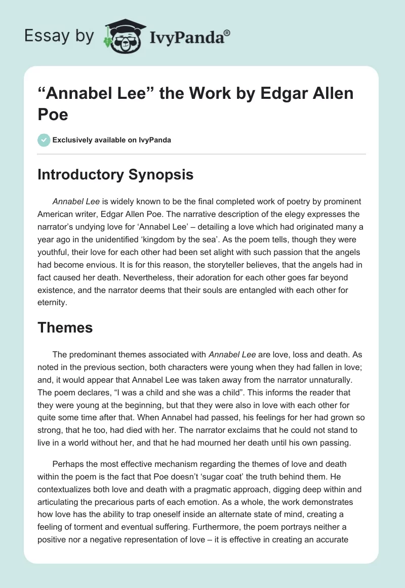 “Annabel Lee” the Work by Edgar Allen Poe. Page 1