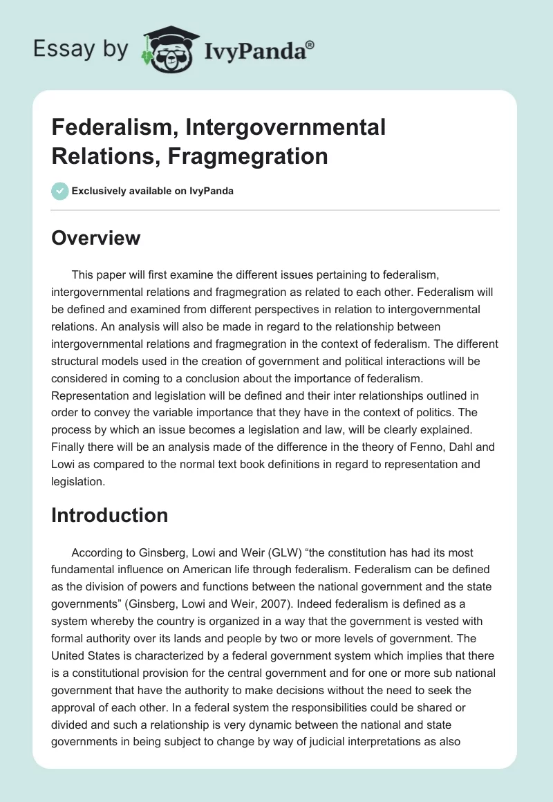 Federalism, Intergovernmental Relations, Fragmegration. Page 1