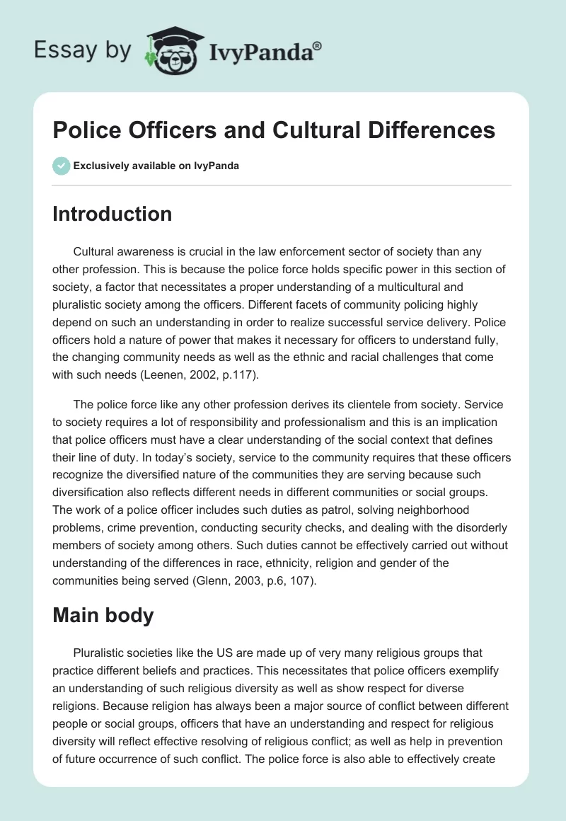 Police Officers and Cultural Differences. Page 1