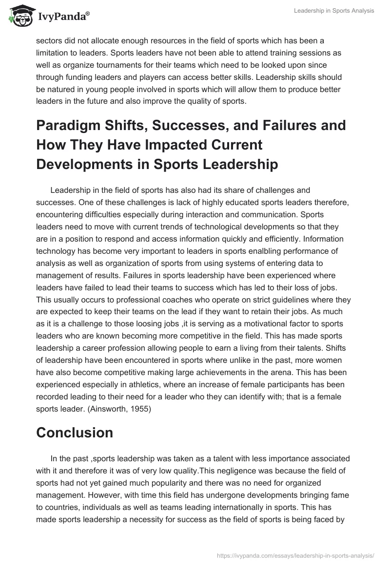 Leadership in Sports Analysis - 1304 Words | Report Example