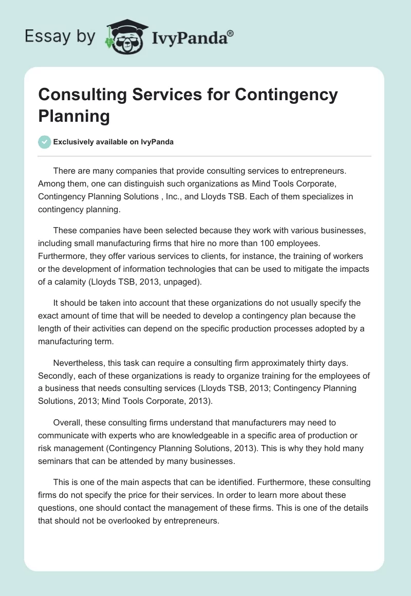 Consulting Services for Contingency Planning. Page 1