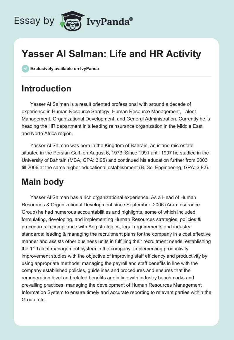 Yasser Al Salman: Life and HR Activity. Page 1