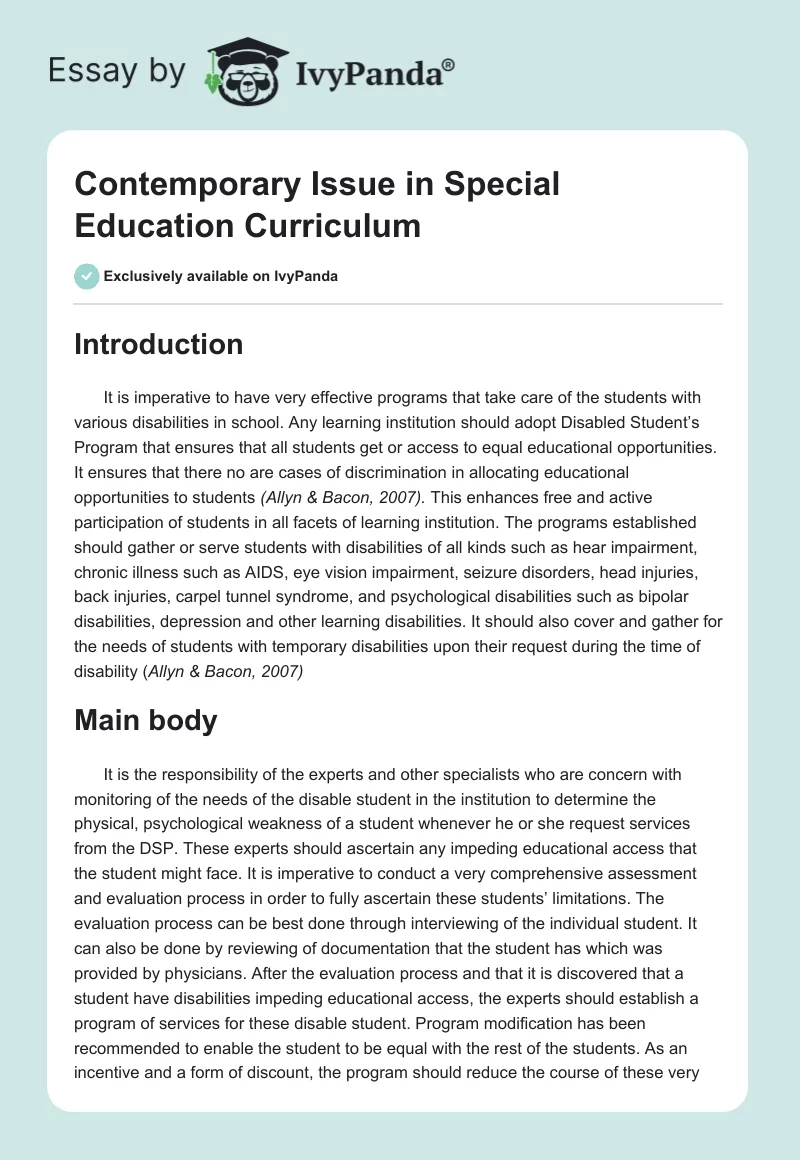 Contemporary Issue in Special Education Curriculum. Page 1