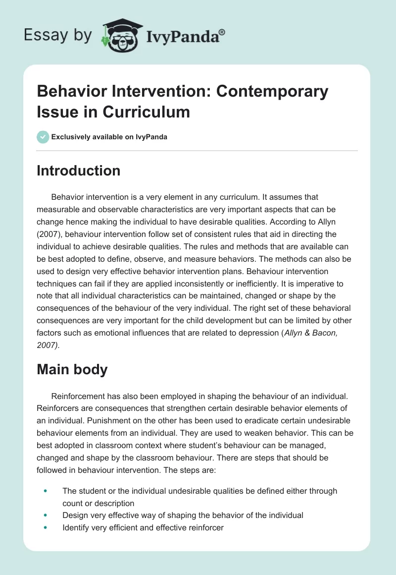 Behavior Intervention: Contemporary Issue in Curriculum. Page 1