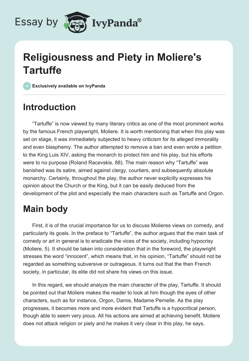 Religiousness and Piety in Moliere's "Tartuffe". Page 1