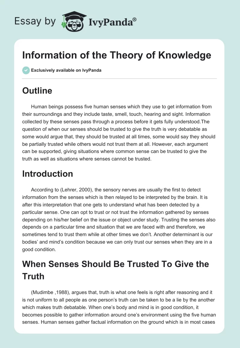 Information of the Theory of Knowledge. Page 1