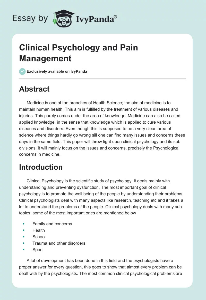 Clinical Psychology and Pain Management. Page 1