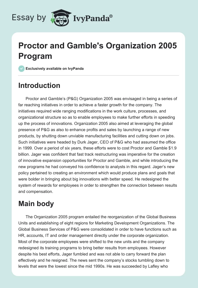 Proctor and Gamble's Organization 2005 Program. Page 1
