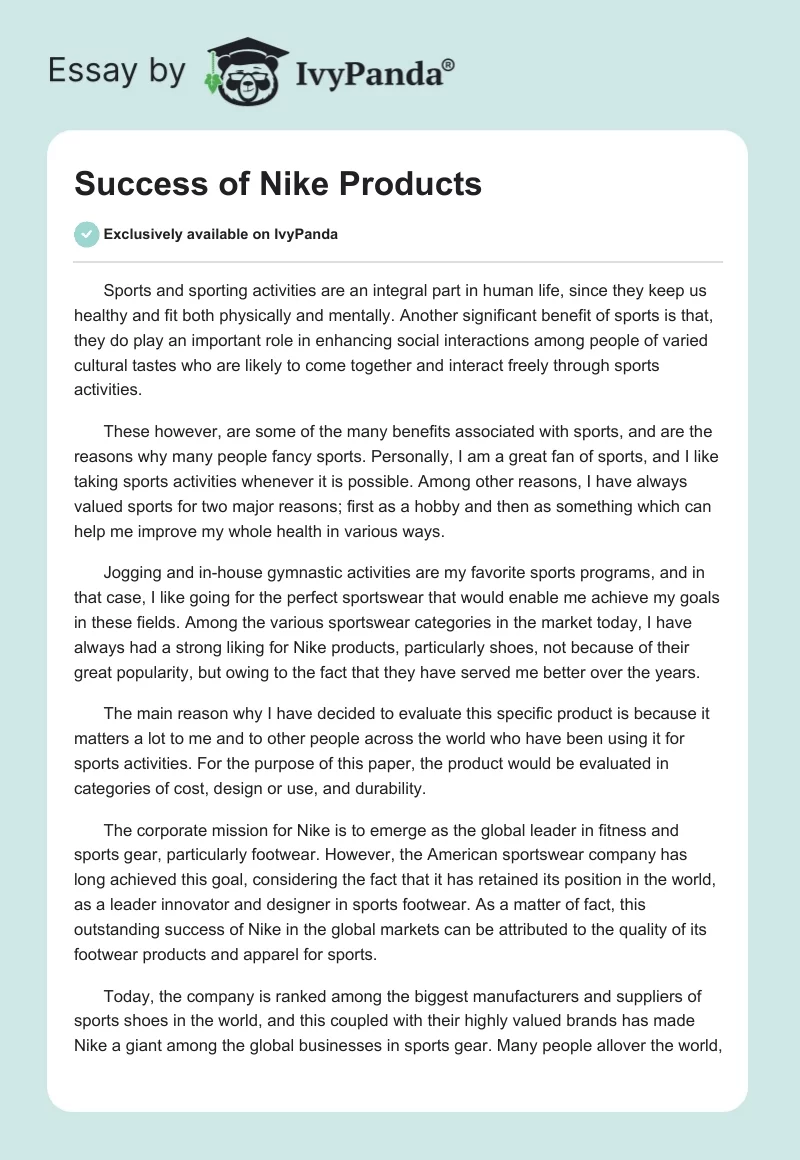 Success of Nike Products. Page 1