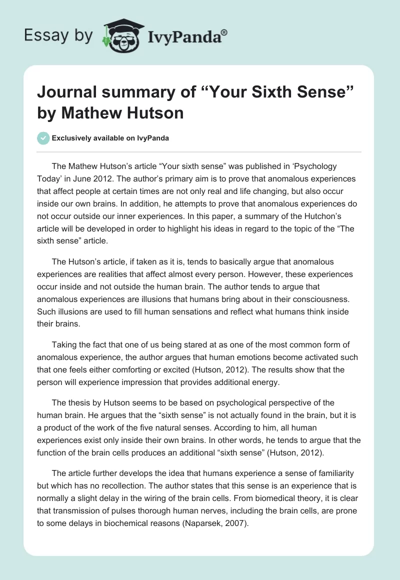 Journal summary of “Your Sixth Sense” by Mathew Hutson. Page 1