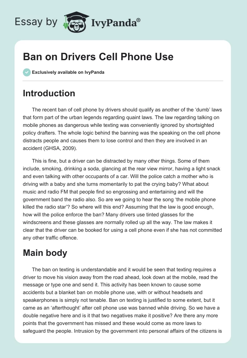 Ban on Drivers Cell Phone Use. Page 1