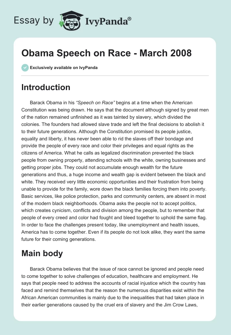 Obama Speech on Race - March 2008. Page 1