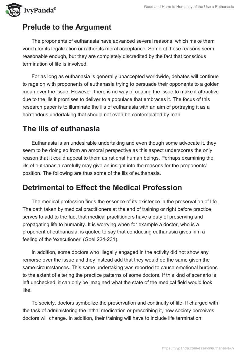 Good and Harm to Humanity of the Use a Euthanasia. Page 2