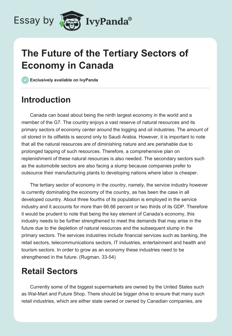 The Future of the Tertiary Sectors of Economy in Canada. Page 1