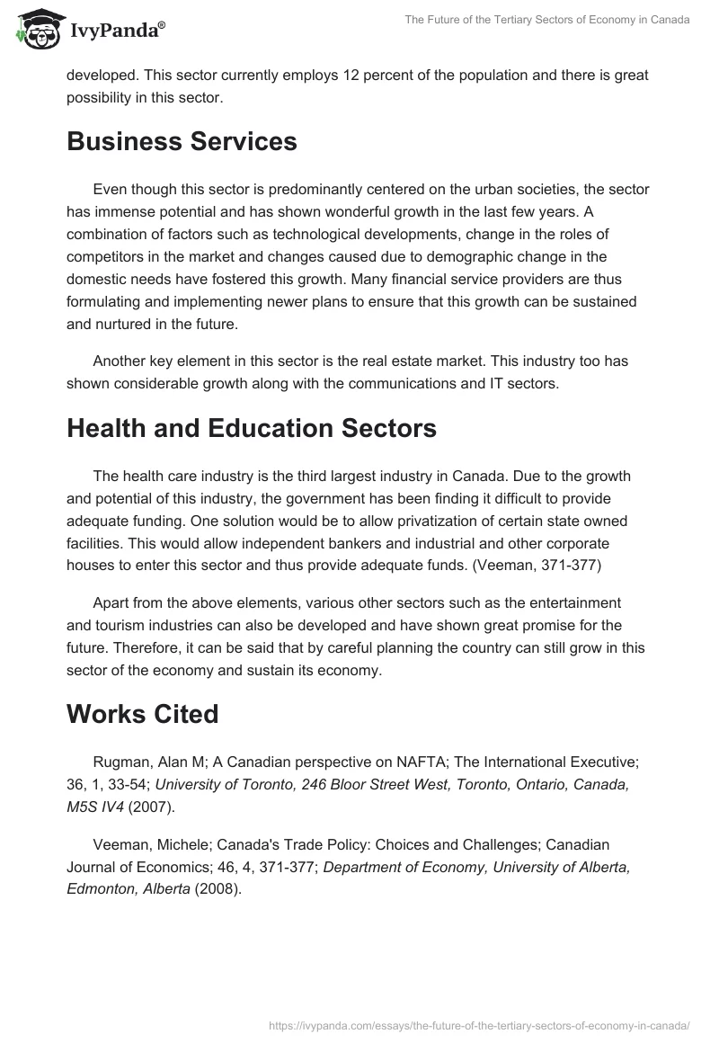 The Future of the Tertiary Sectors of Economy in Canada. Page 2