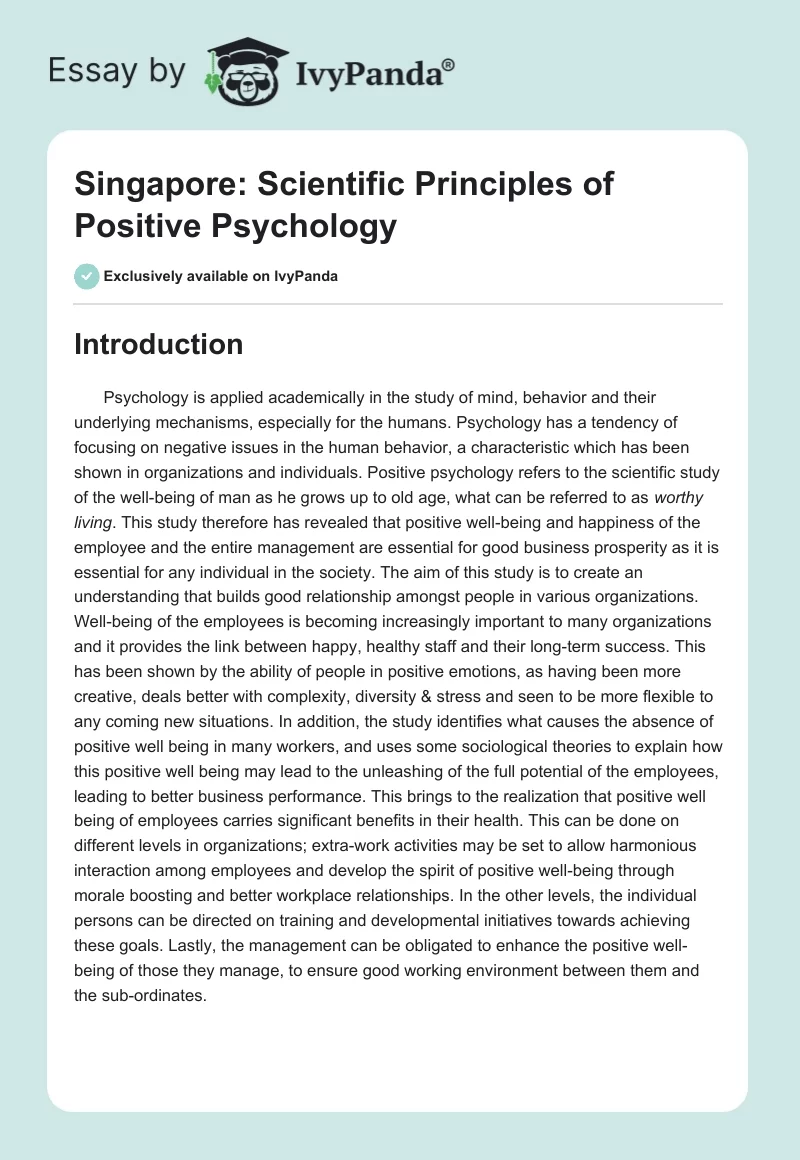Singapore: Scientific Principles of Positive Psychology. Page 1