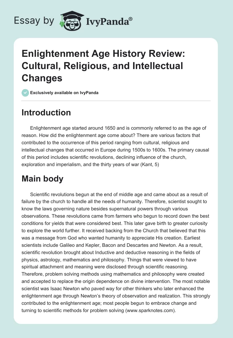 Enlightenment Age History Review: Cultural, Religious, and Intellectual Changes. Page 1